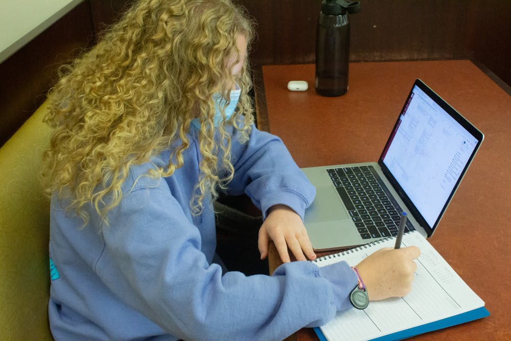 <p>IU junior Abbi Eldridge completes school work Nov. 8, 2021, in Herman B. Wells Library.</p>