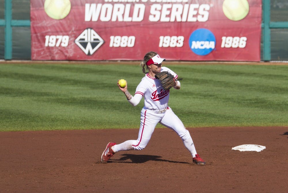 <p>Senior shortstop Rachel O'Malley catches a hard grounder and throws the batter out at first. IU will play Maryland on the road this weekend.&nbsp;</p>