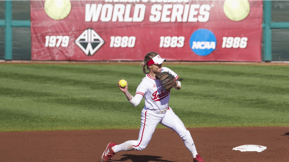Senior shortstop Rachel O'Malley catches a hard grounder and throws the batter out at first. IU will play Maryland on the road this weekend.&nbsp;