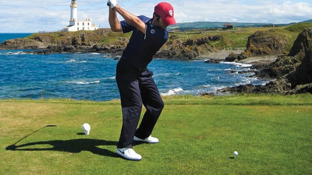 Jorge Campillo tees off over rocks and water at the 2008 British Amateur Championships at the Ailsa Golf Course in Turnberry, Scotland. Indiana will compete Feb. 14-16 in Albany, Bahamas. 