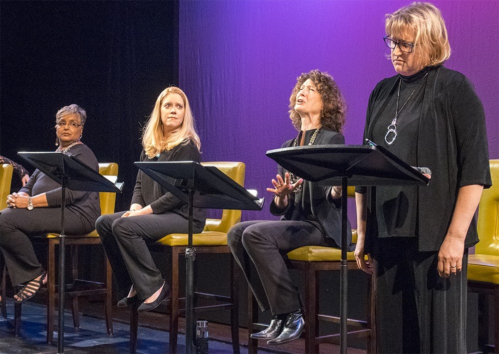 Actresses rehearsal their roles for the play named "Love, Loss and Wha I Wore" on Wednesday evening at Ivy Tech Waldon Art Center. 