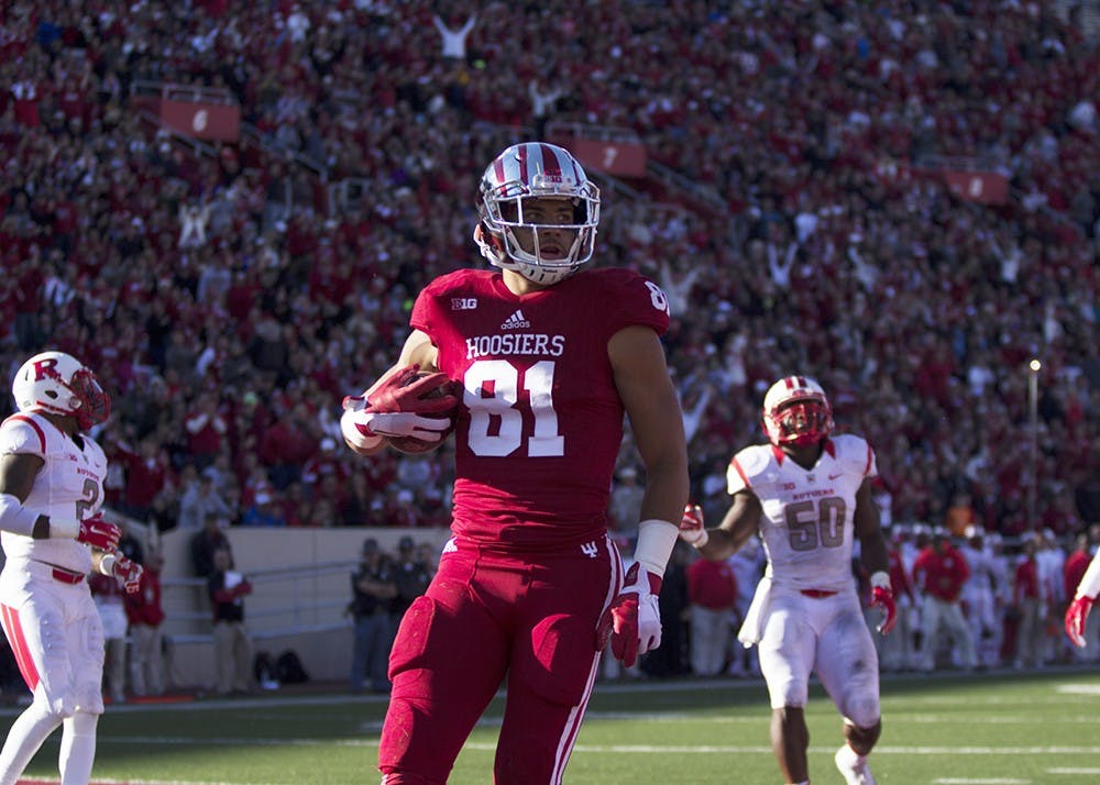 <p>Jordan Fuchs slows down in the endzone after scoring a touchdown during the second quarter against Rutgers at Memorial Stadium in 2015. Fuchs, who was dismissed from the IU football program in March, is seeking a second chance to play college football.</p>