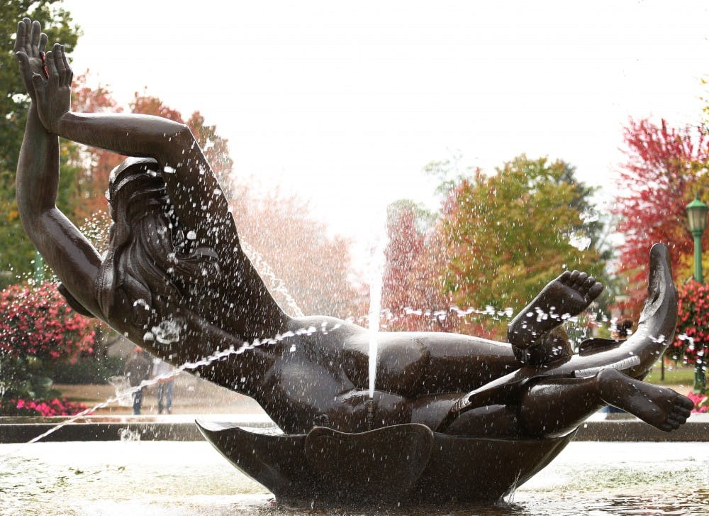 The sculpture of the goddess Venus at the Showalter Fountain is located in the Fine Arts Plaza. It is one of the most abused and controversial statues on campus because of the nudity.