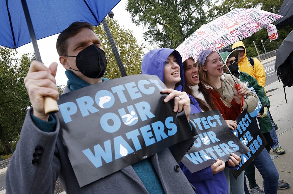 Environmental advocates rally protect our waters as the Supreme Court reviews the Sackett case, which could drastically reduce clean water protections, at the Supreme Court of the United States on Oct. 3, 2022, in Washington, DC.