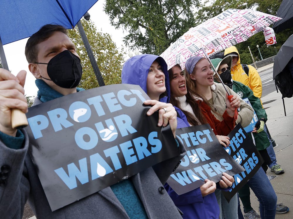 Environmental advocates rally protect our waters as the Supreme Court reviews the Sackett case, which could drastically reduce clean water protections, at the Supreme Court of the United States on Oct. 3, 2022, in Washington, DC.