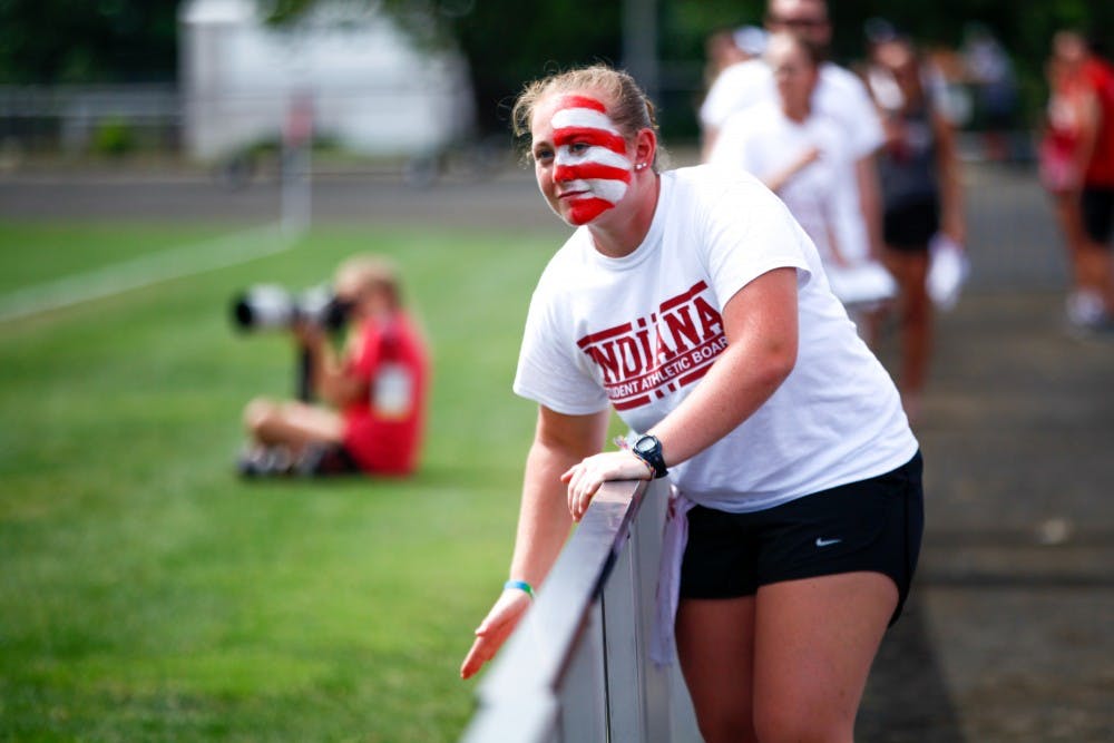 <p>Freshman Katherine Cornell cheers on the women's soccer team Sept. 16 at Bill Armstrong field. IU will face Penn State and Maryland to close out the regular season.</p>
