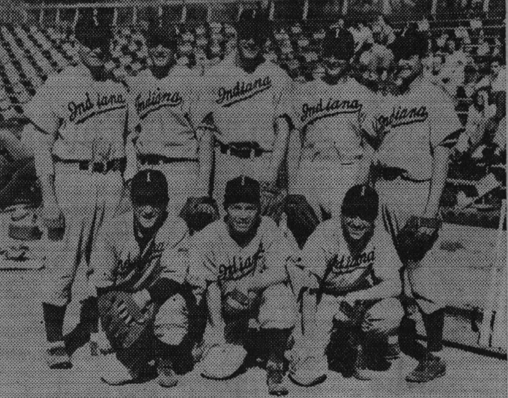 Archive image PROBABLE STARTERS -- The Iowa Hawkeyes will probably face this line-up in today's baseball game at 11:30 a.m. Kneeling, left to right, are John Kyle, third baseman; Woody Litz, second baseman and Harry Moore, centerfielder. Standing are Bill Stearman, leftfielder; Gene Ring, shortstop; John Gorkis, catcher, Don Ritter, first baseman and Bob Moore, rightfielder. Bill Tosheff, not pictured, will be on the mound for the Hoosiers.