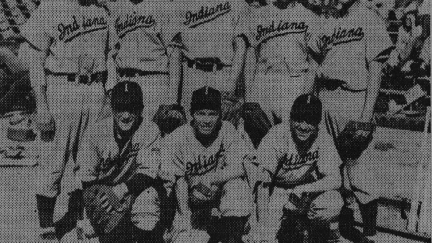 Archive image PROBABLE STARTERS -- The Iowa Hawkeyes will probably face this line-up in today's baseball game at 11:30 a.m. Kneeling, left to right, are John Kyle, third baseman; Woody Litz, second baseman and Harry Moore, centerfielder. Standing are Bill Stearman, leftfielder; Gene Ring, shortstop; John Gorkis, catcher, Don Ritter, first baseman and Bob Moore, rightfielder. Bill Tosheff, not pictured, will be on the mound for the Hoosiers.