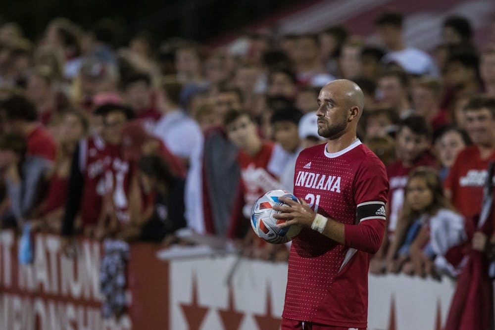 <p>Senior defender Spencer Glass stands ready to throw the ball Sept. 3, 2021, at Bill Armstrong Stadium in Bloomington. IU men&#x27;s soccer lost to Creighton University 3-0.</p>