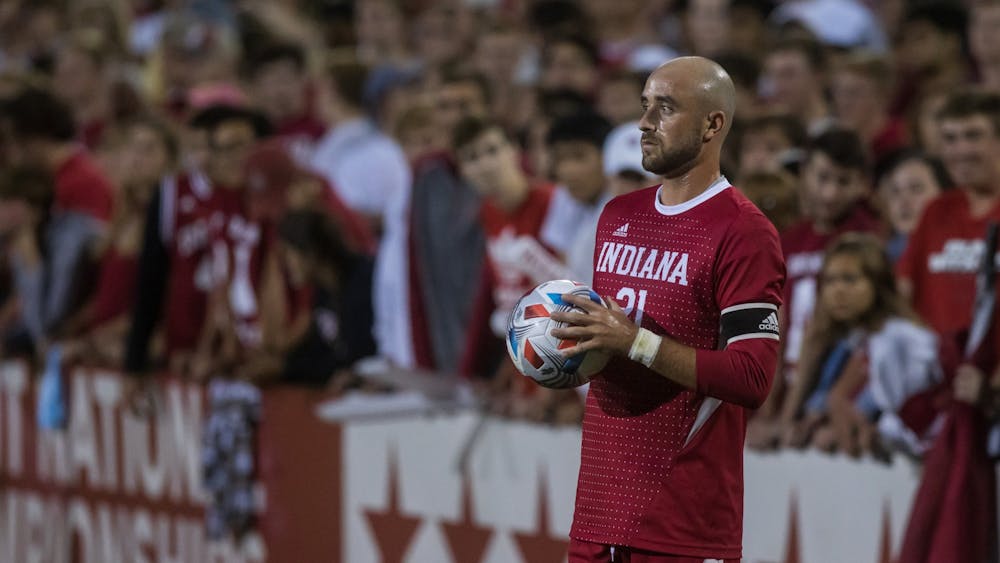 Senior defender Spencer Glass stands ready to throw the ball Sept. 3, 2021, at Bill Armstrong Stadium in Bloomington. IU men&#x27;s soccer lost to Creighton University 3-0.