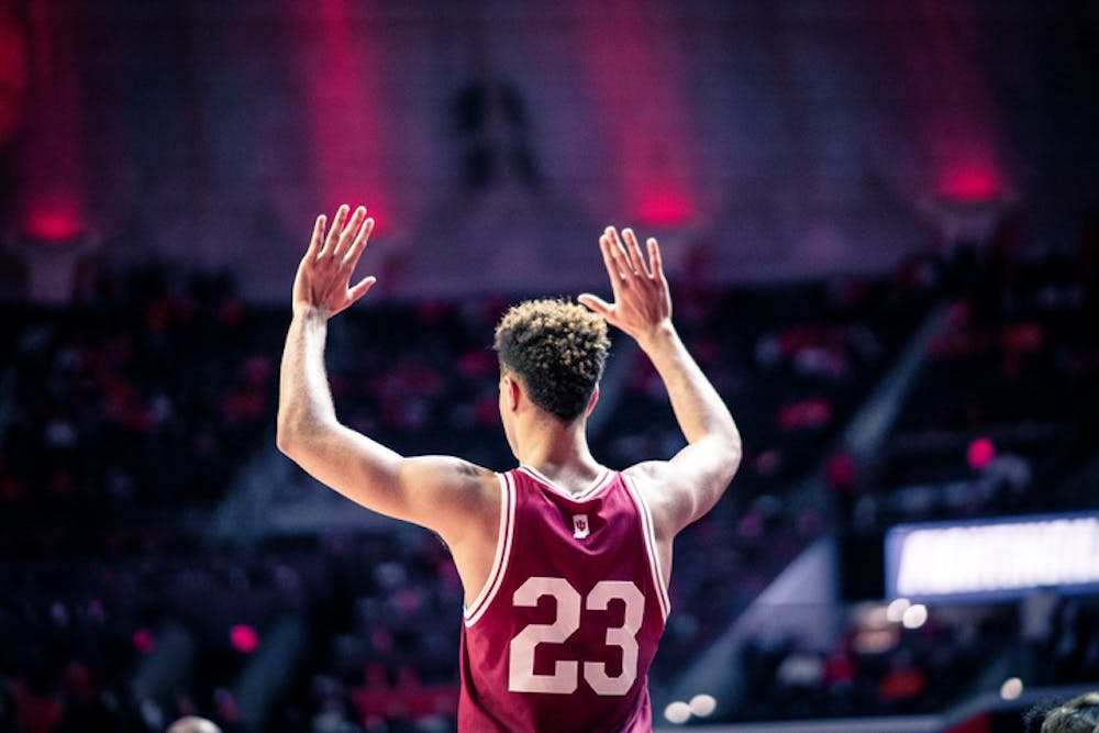 <p>Senior forward Trayce Jackson-Davis celebrates with the bench Jan. 19, 2023, at Assembly Hall in Champaign, Illinois. Jackson-Davis declared for the NBA Draft on Tuesday.</p>
