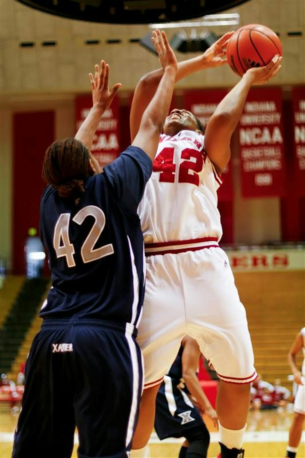 Senior forward Amber Jackson goes up strong for a shot during the Hoosiers 62-59 loss to Xavier in the second round of the Preseason WNIT Sunday afternoon at Assembly Hall.