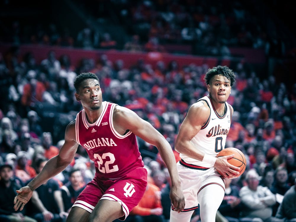 Sophomore forward Jordan Geronimo plays defense Jan. 19, 2023 at Assembly Hall in Champaign, Illinois. The Hoosiers beat Illinois 80-65.