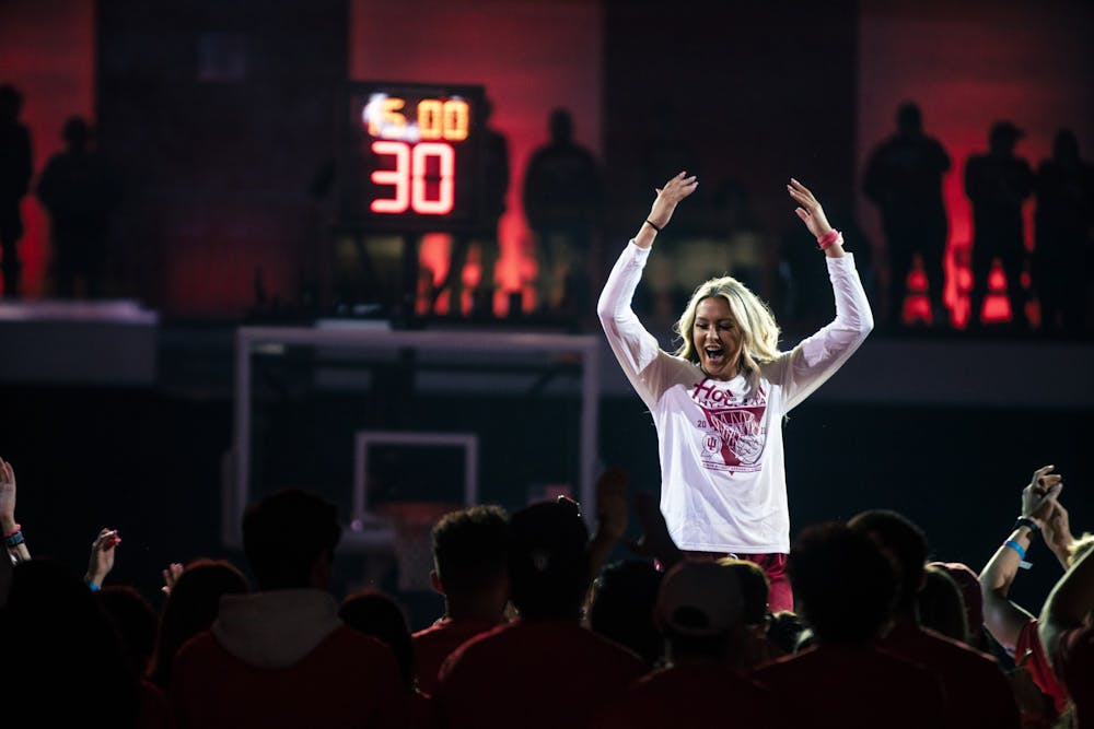 <p>Sydney Parrish hypes up the crowd during her introduction at Simon Skjodt Assembly Hall for Hoosier Hysteria on Oct. 7, 2022. Indiana women&#x27;s basketball was ranked No. 11 in the preseason AP poll.</p>