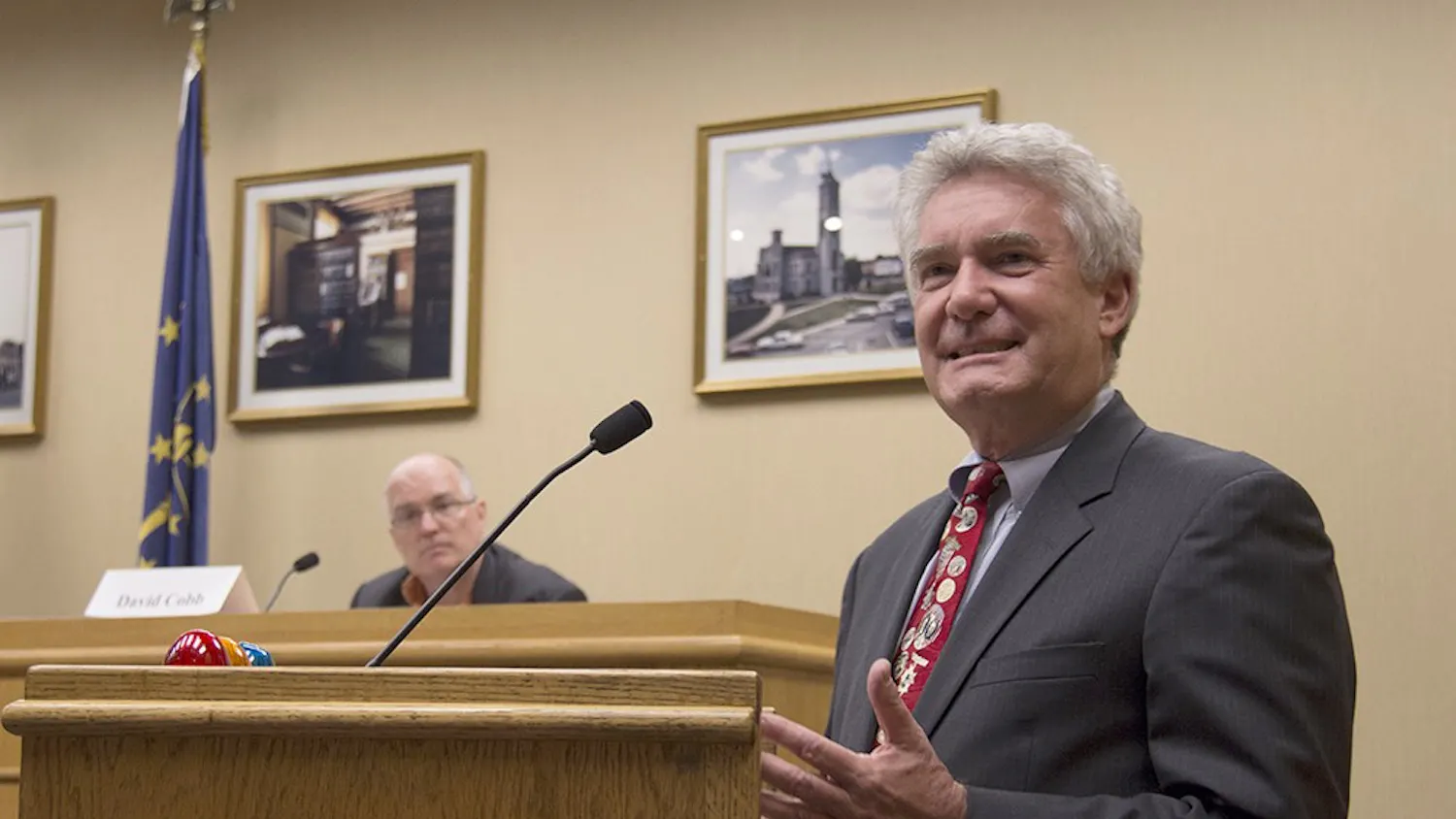 Professor Paul Helmke, representative of the IU Civic Leaders, introduces the audience to James Bopp, a “Citizens United” lawyer and David Cobb of the Move to Amend campaign, during their debate over the Supreme Court case Citizens United v. FEC Monday at the Maurer School of LawMoot Court Room.