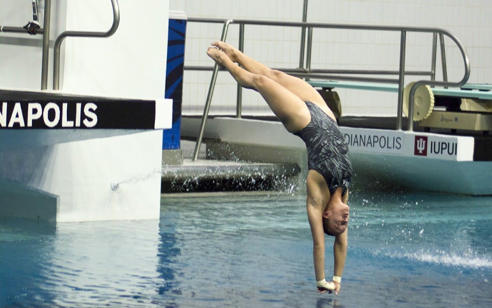 IU diver Jessica Parratto dives in the women's 10-meter event Sunday at the IUPUI Natatorium. Parratto took first in the event and qualified for the Olympics.