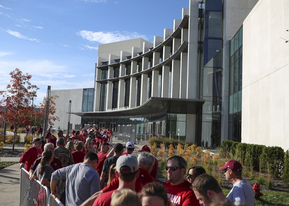 Fans wait in line at Simon Skjodt Assembly Hall prior to the doors opening for Hoosier Hysteria on Oct. 21.
