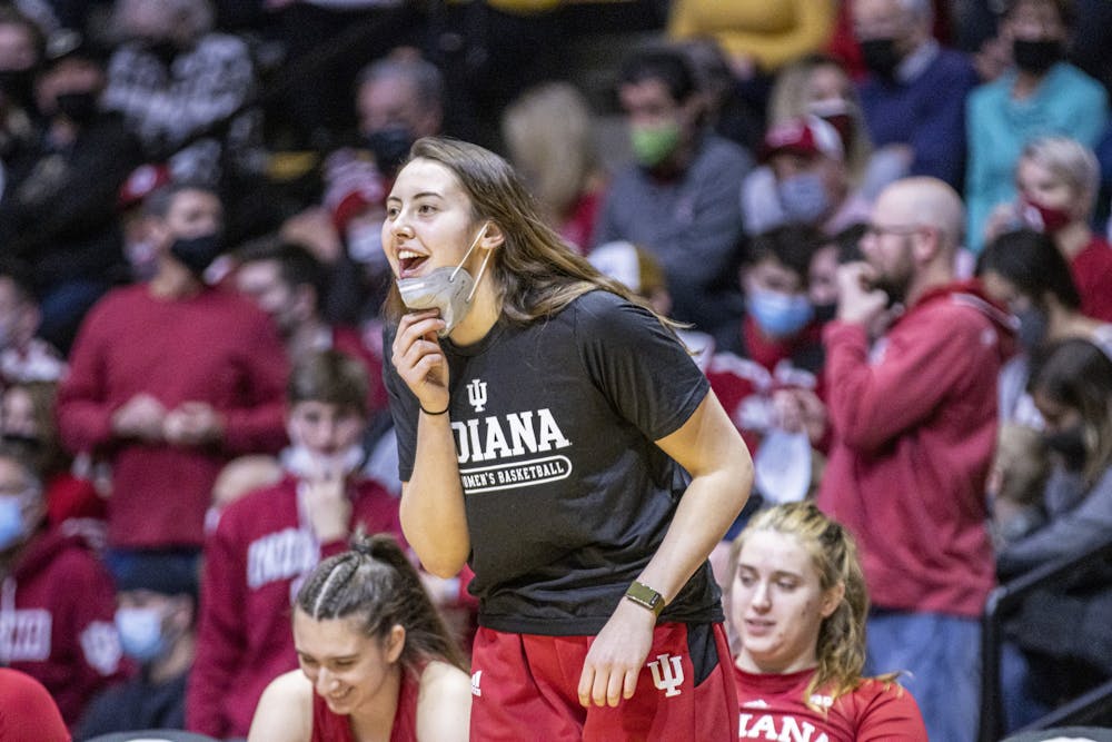 <p>Junior forward Mackenzie Holmes cheers during the game against Purdue on Jan. 16, 2021, at Mackey Arena. Indiana will face Maryland at 8 p.m. Feb. 25 at the Xfinity Center in College Park, Maryland. </p>