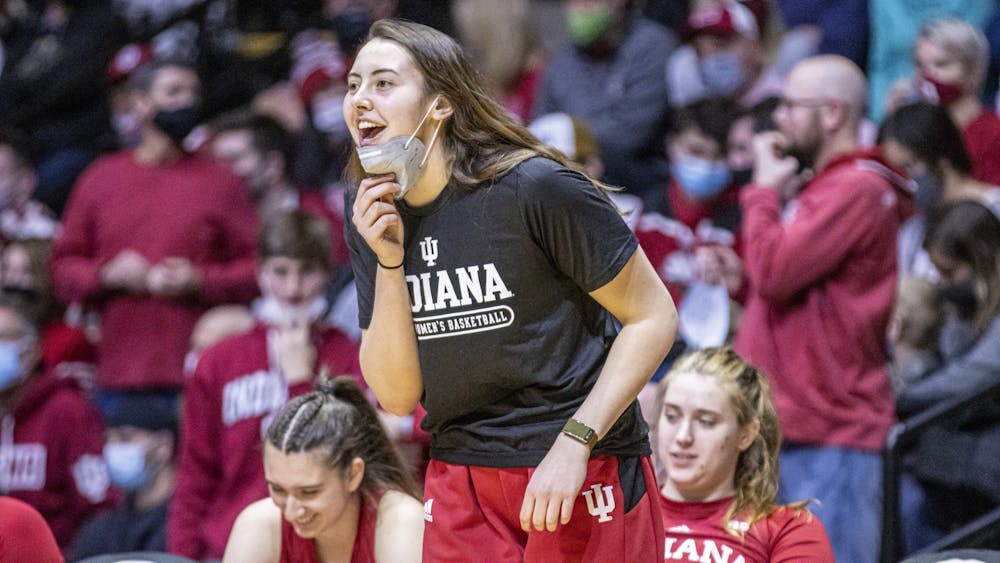 Junior forward Mackenzie Holmes cheers during the game against Purdue on Jan. 16, 2021, at Mackey Arena. Indiana will face Maryland at 8 p.m. Feb. 25 at the Xfinity Center in College Park, Maryland. 