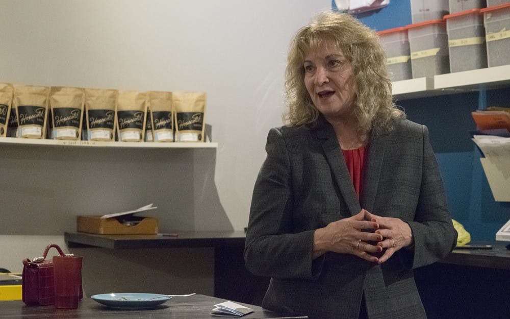 Glenda Ritz, Indiana superintendent of public instruction, speaks to a room of people at Hopscotch Coffee Monday evening about her 2016 campaign for re-election. Ritz spoke about what she has accomplished during the past 4 years and what remains to be done in Indiana education.