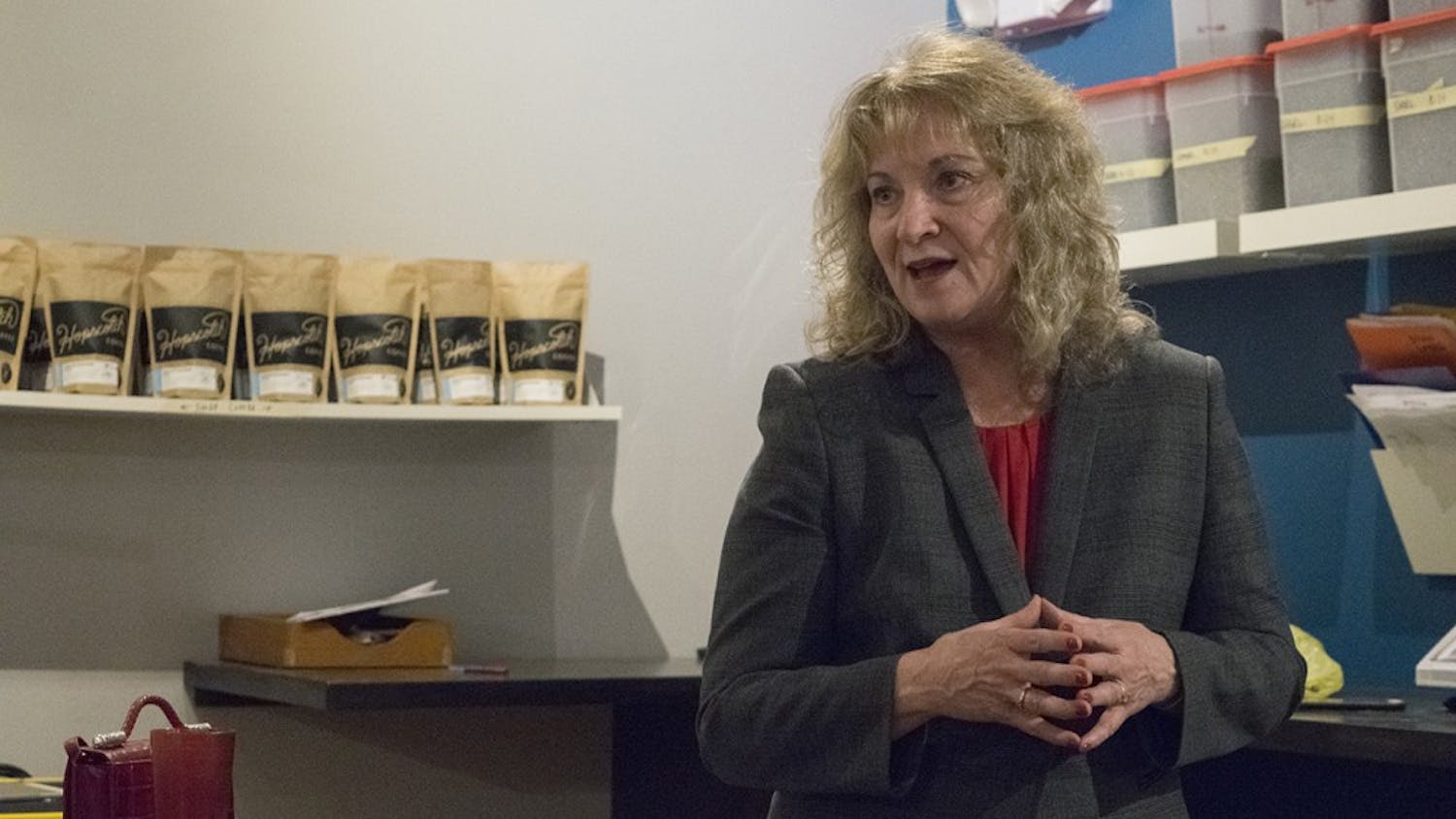 Glenda Ritz, Indiana superintendent of public instruction, speaks to a room of people at Hopscotch Coffee Monday evening about her 2016 campaign for re-election. Ritz spoke about what she has accomplished during the past 4 years and what remains to be done in Indiana education.