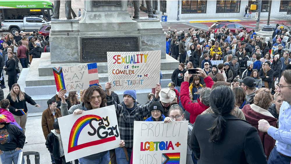 Protesters voiced their opposition to Indiana House Bill 1608 at the statehouse on Feb. 20, 2023. The House Education Committee approved the bill after hearing public testimony.