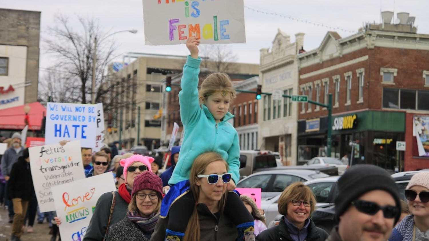 Many members of the march were accompanied by children, helping to hold signs and advocate for women's rights. The Bloomington Resistance March took place Saturday, Jan. 20 at Courthouse Square in Bloomington and held speeches and a march attended by hundreds of Bloomington residents and IU students.&nbsp;
