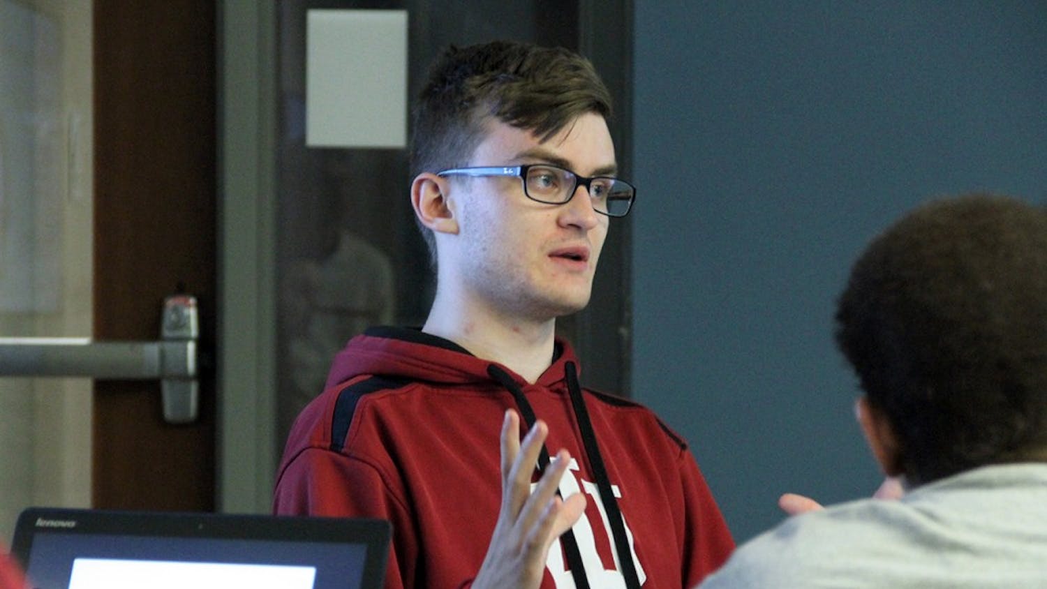 Mitchell Watkins the member of electoral committee participates on IUSA weekly meeting Tuesday.