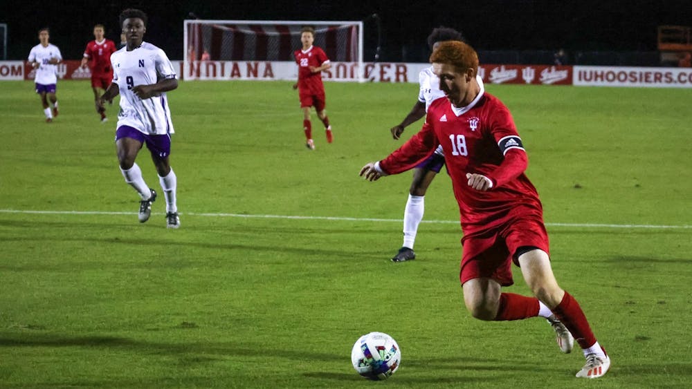 Senior forward Ryan Wittenbrink moves the ball toward the goal Sept. 27, 2022, at Bill Armstrong Stadium. Indiana defeated Northwestern University 4-1 Tuesday night.