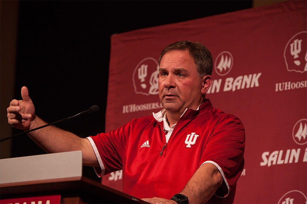 Head coach Kevin Wilson speaks at a press conference at Memorial Stadium regarding the Pinstripe Bowl Dec. 6, 2015. 
