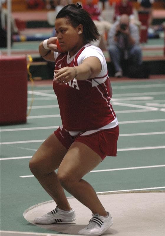 Senior Tiffany Howard prepares to throw a shotput on Saturday afternoon at the Harry Gladstein Fieldhouse. Howard scored ten points for her first place finish at the Big Ten Championships this weekend.