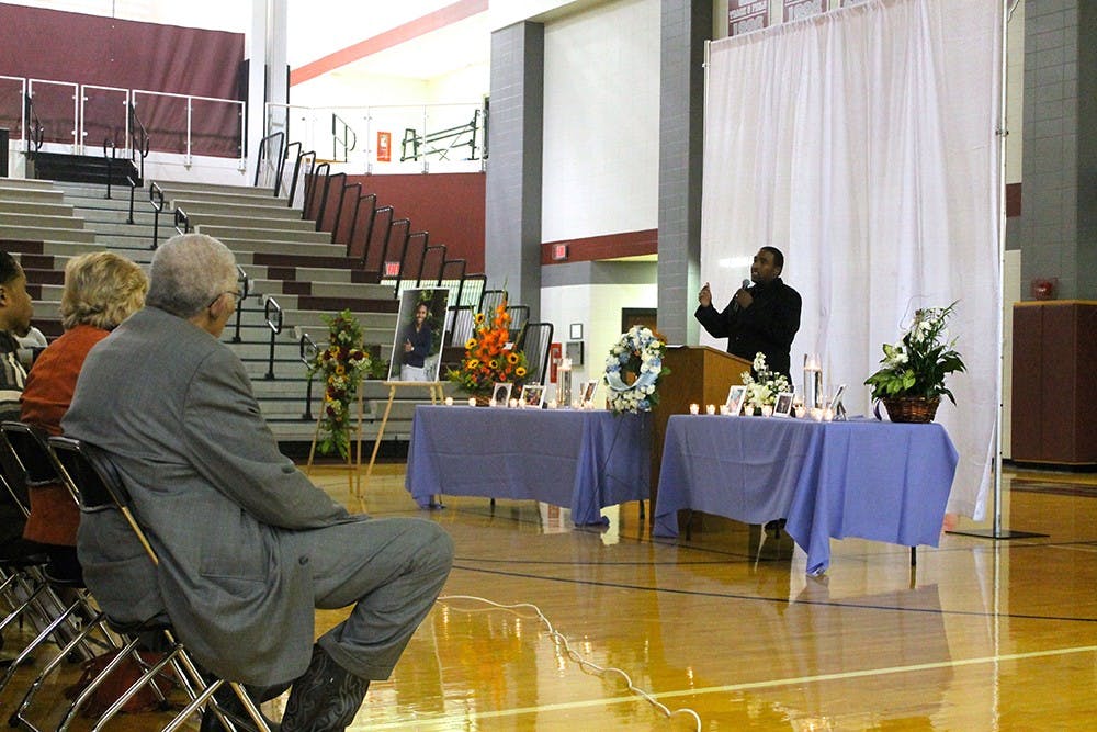 The Rev. Anthony Brown speaks at a memorial service for IU student Joseph Smedley on Saturday at Lawrence Central High School. Smedley's body was found Oct. 2 in Griffy Lake after the student was reported missing Sept. 28.