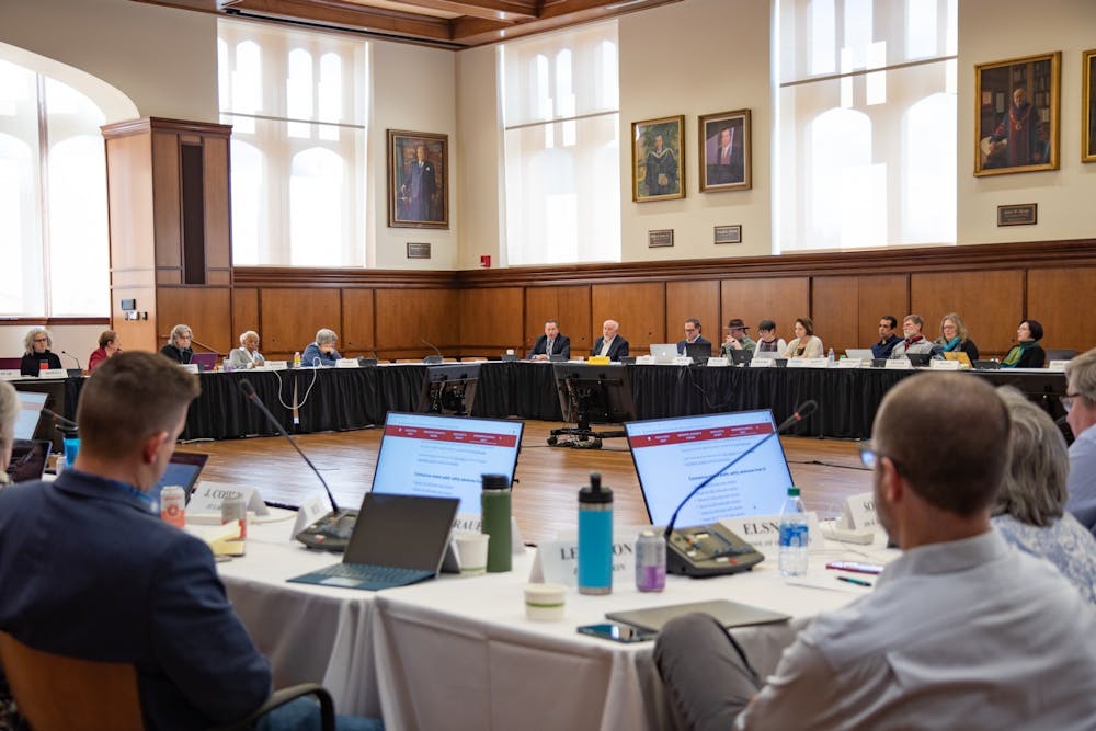 <p>The Bloomington Faculty Council meets March 3, 2020, in Franklin Hall. Professors on the path to tenure must be evaluated by the council based on their research, teaching and service.</p>
