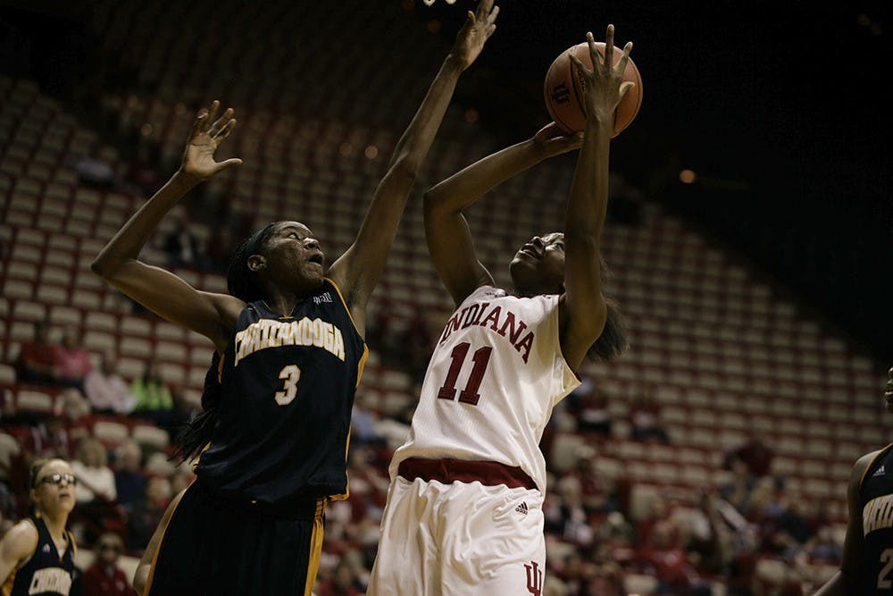 Freshman forward Kym Royster goes up to score against Chattanooga. The Hoosiers beat Chattanooga 54-43 on Nov. 17 at Assembly Hall. 