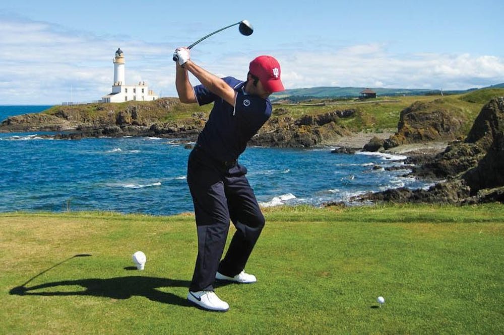 Jorge Campillo tees off over rocks and water at the 2008 British Amateur Championships at the Ailsa Golf Course in Turnberry, Scotland. Campillo will replace Jon Rahm on Spain's Olympics team