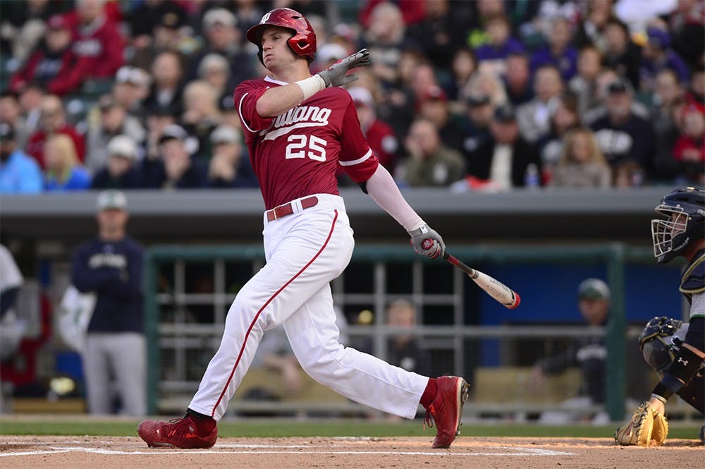 Senior catcher Brad Hartong watches his fly ball during the April 21 game against Notre Dame.  The Hoosiers defeated the Fighting Irish 6-5.