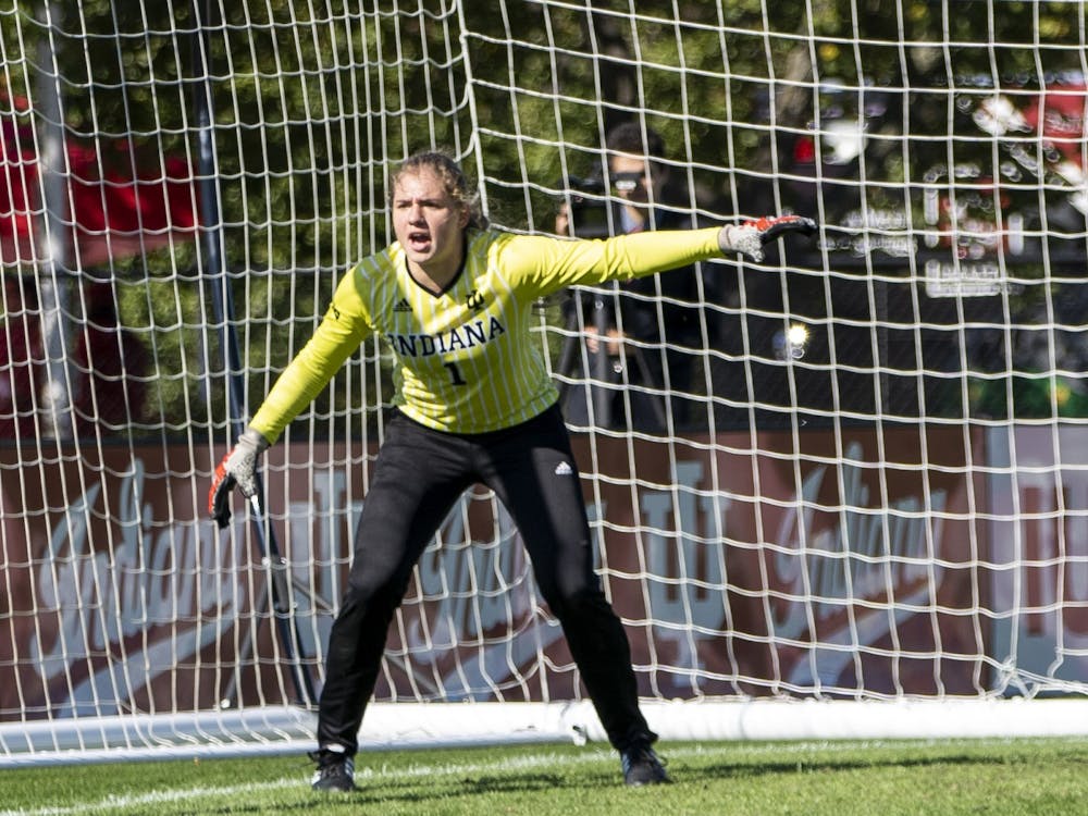 Then-junior Bethany Kopel directs her teammates from the goalie box Oct. 27, 2019, at Bill Armstrong Stadium. Kopel had one save during the match against Purdue University. 