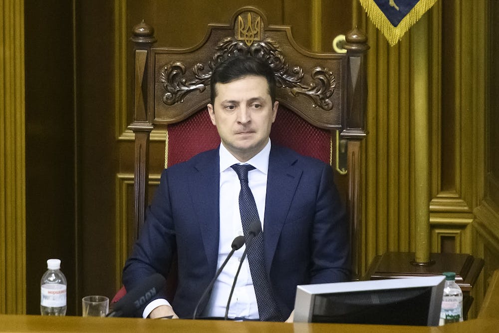 <p>Ukrainian President Volodymyr Zelensky is seen   on March 4, 2020, during an extraordinary session of Ukrainian Parliament in Kyiv, Ukraine. Zelensky asked the UN Security Council to either expel Russia or disband.</p>