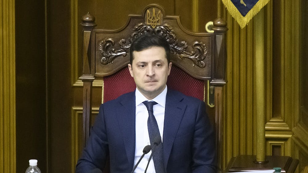 Ukrainian President Volodymyr Zelensky is seen   on March 4, 2020, during an extraordinary session of Ukrainian Parliament in Kyiv, Ukraine. Zelensky asked the UN Security Council to either expel Russia or disband.