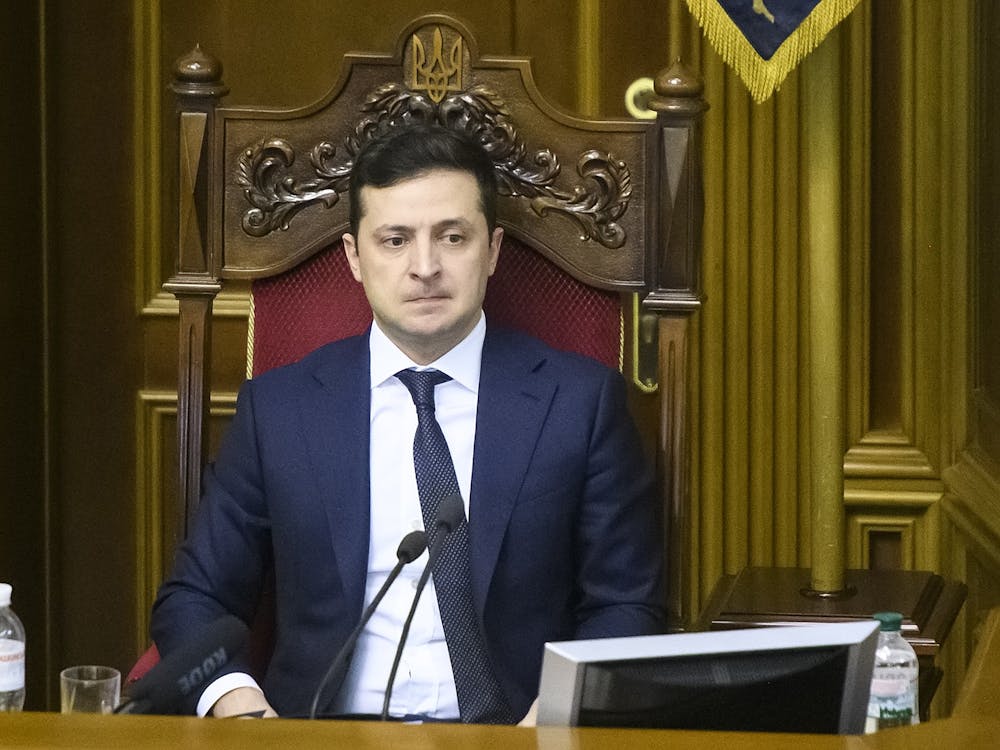 Ukrainian President Volodymyr Zelensky is seen   on March 4, 2020, during an extraordinary session of Ukrainian Parliament in Kyiv, Ukraine. Zelensky asked the UN Security Council to either expel Russia or disband.