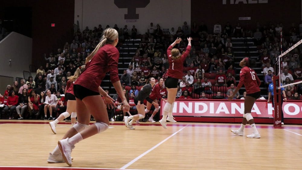 IU senior Victoria Brisack sets the ball against Purdue on Oct. 9 at Wilkinson Hall. IU volleyball will play at Maryland on Wednesday night.