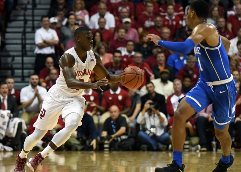 Senior guard Josh Newkirk brings the ball up the court against Duke on Wednesday evening in Simon Skjodt Assembly Hall. Newkirk had eight points in IU's 91-81 loss to Duke.