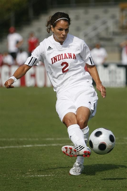 Junior defender Kelly Lawrence scores the lone Hoosier goal during the team's 3-1 loss to Cal Poly Sunday afternoon at Bill Armstrong Stadium.
