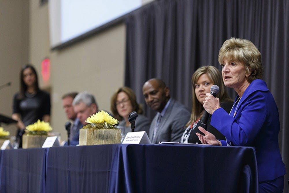 IU-Kokomo Chancellor Susan Sciame-Giesecke speaks at the 2016 Education-to-Employment Convergence held at the IU-Purdue University Indianapolis Campus Center. The forum was designed to focus on how the state can build a stronger workforce by developing college graduates.