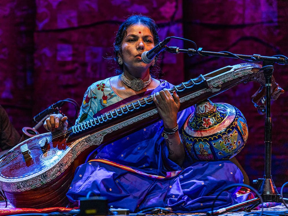 Saraswathi Ranganathan leads the audience through a meditation exercise Sept. 25, 2021, during the Lotus World Music and Arts Festival on the stage of the Buskirk-Chumley Theater. Lotus Education &amp; Arts Foundation will conduct a lineup release party for the annual festival June 29.