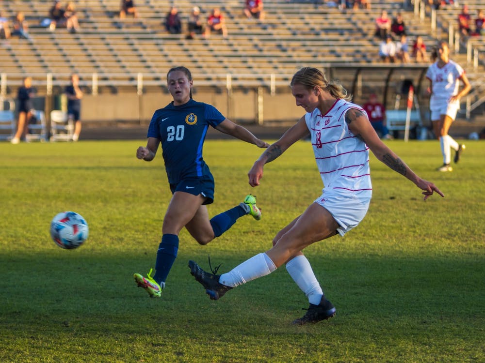 Senior defender Oliwia Wos kicks the ball Sept. 9, 2021, at Bill Armstrong Stadium. Wos assisted on junior midfielder Megan Wampler&#x27;s goal to give Indiana a 1-0 win over Northwestern on Friday night.