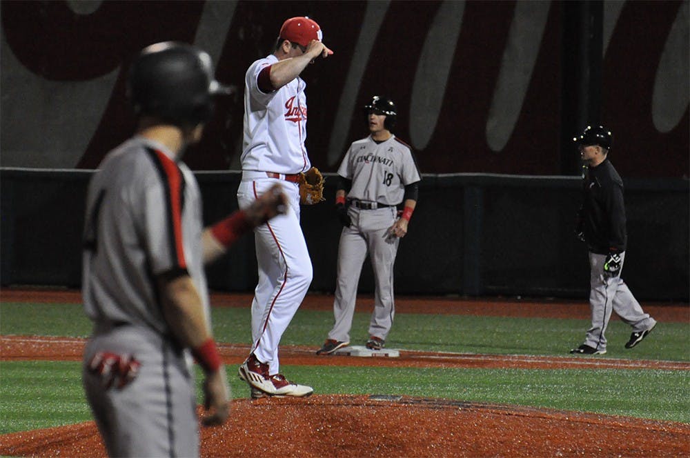 Sophomore pitcher Brian Hobbie takes the mound with bases loaded in the top of the ninth inning on March 29 at Bart Kaufman Field. The Hoosiers escaped the inning without giving up a run but ultimately lost 5-0 to Cincinnati. 
