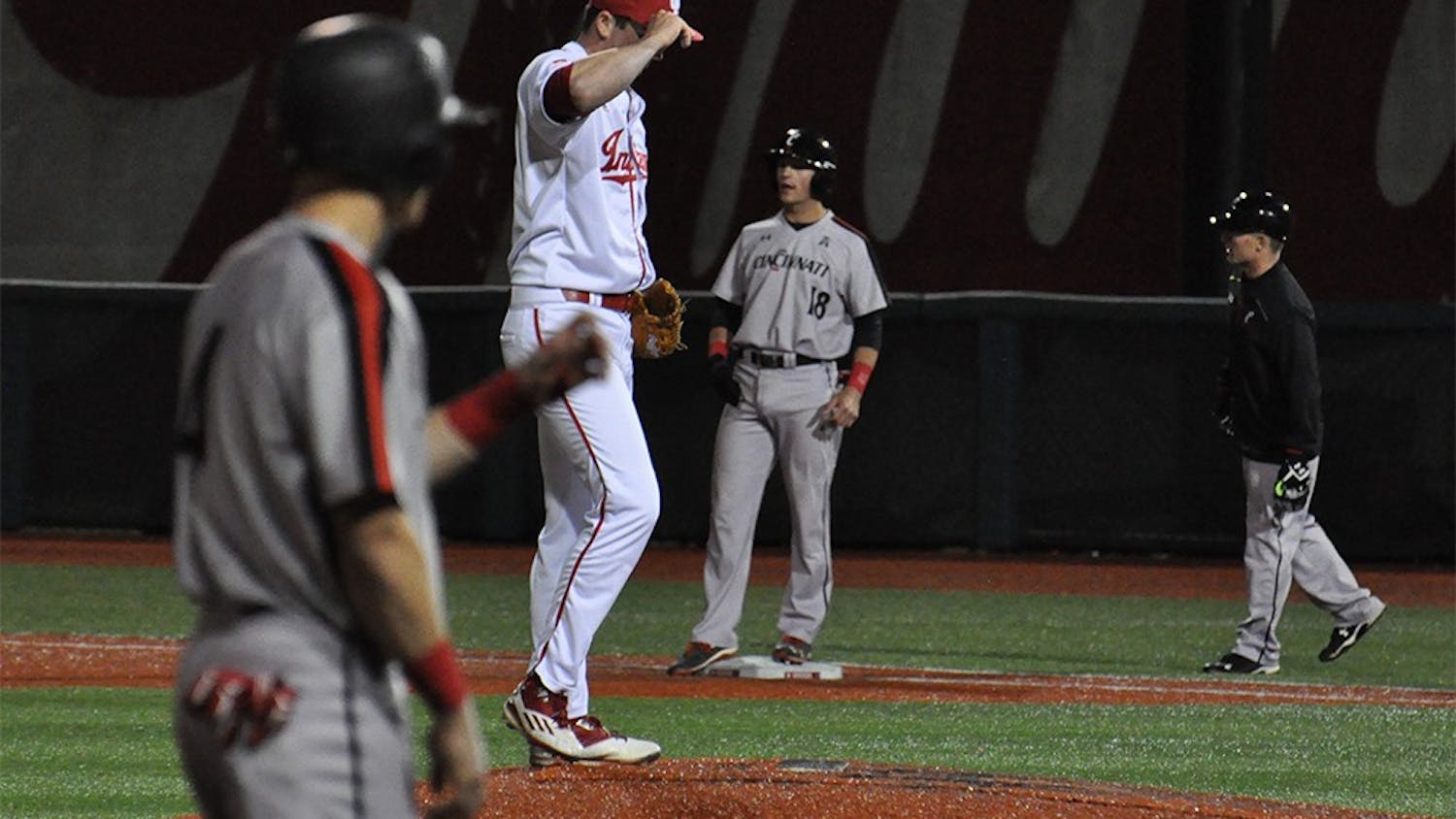 Sophomore pitcher Brian Hobbie takes the mound with bases loaded in the top of the ninth inning on March 29 at Bart Kaufman Field. The Hoosiers escaped the inning without giving up a run but ultimately lost 5-0 to Cincinnati. 