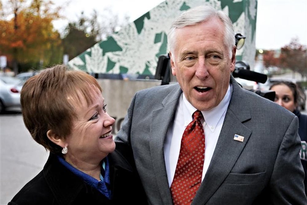 Democratic gubernatorial candidate Jill Long Thompson is embraced by House Majority Leader Rep. Steny Hoyer, D-Md., during a campaign stop Monday evening outside of Bloomington City Hall.