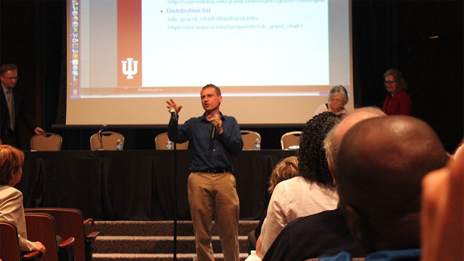 Rick Van Kooten, interim vice provost for research, lays out the plans for IU's Grand Challenges selection process at the open town hall meeting in Whittenberger Auditorium Monday. IU will choose five Grand Challenges proposed by faculty members to strive for in the next five years.